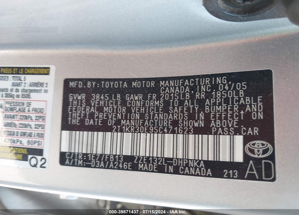2005 TOYOTA MATRIX/XR VIN: 2T1KR30E95C471623