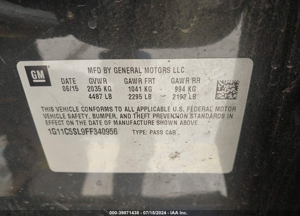 2015 CHEVROLET MALIBU 1LT VIN: 1G11C5SL9FF340956