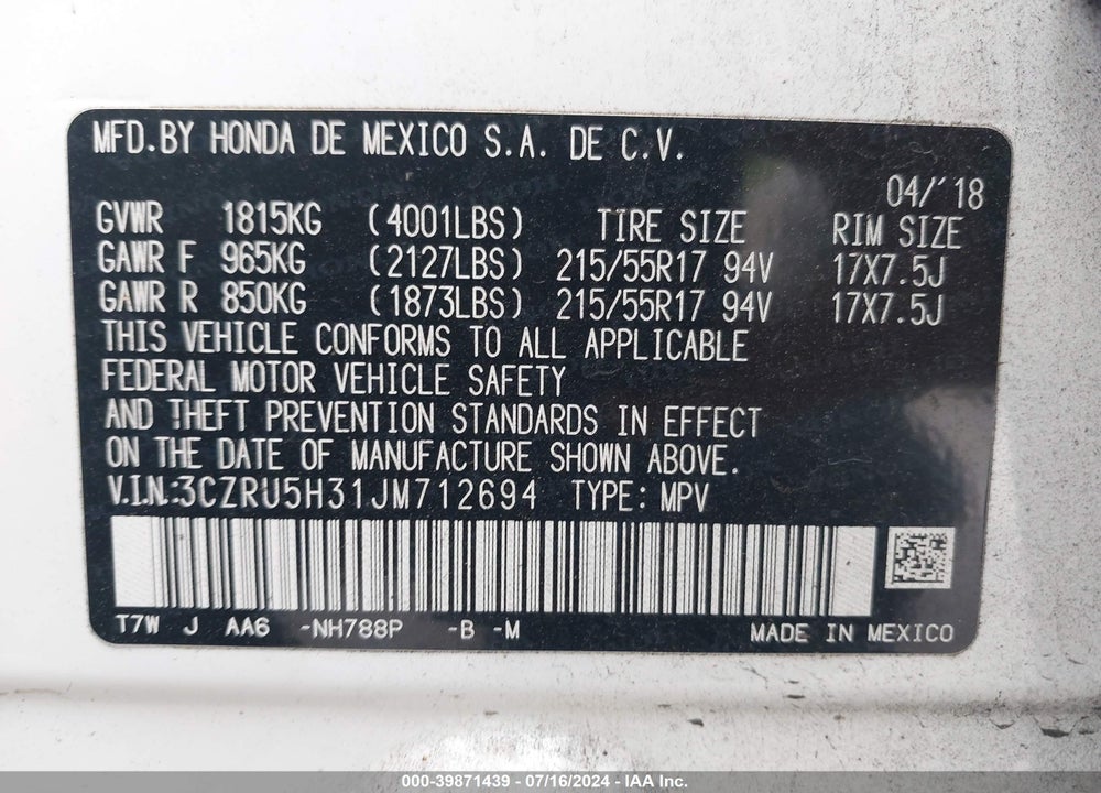 2018 HONDA HR-V LX VIN: 3CZRU5H31JM712694