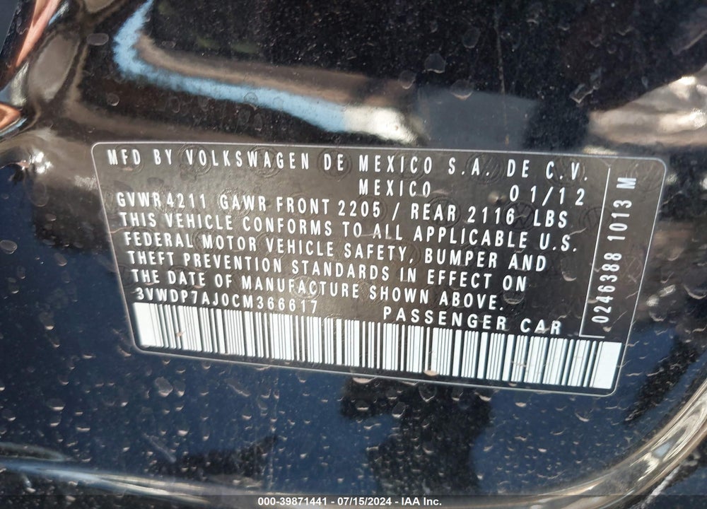 2012 VOLKSWAGEN JETTA 2.5L SE VIN: 3VWDP7AJ0CM366617