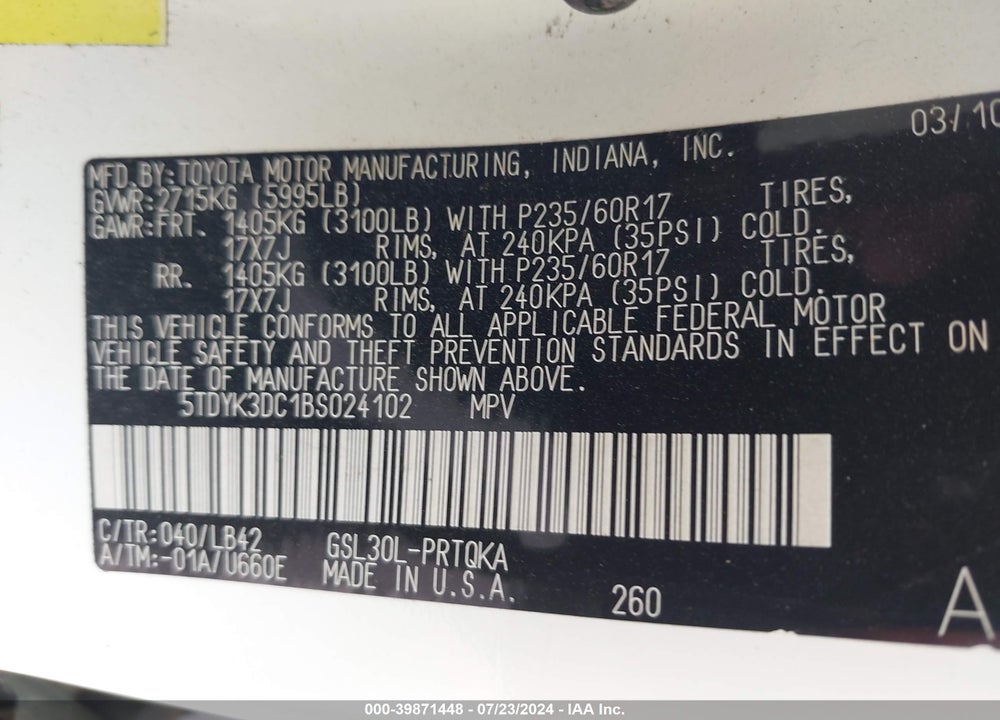 2011 TOYOTA SIENNA XLE V6 VIN: 5TDYK3DC1BS024102