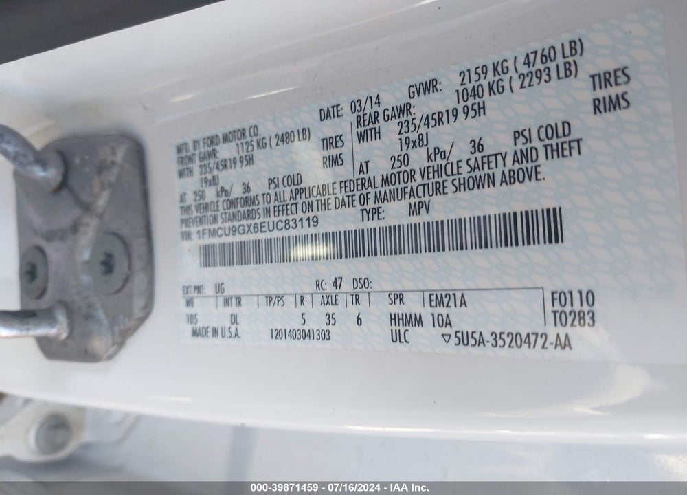 2014 FORD ESCAPE SE VIN: 1FMCU9GX6EUC83119