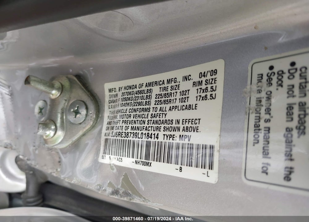 2009 HONDA CR-V EX-L VIN: 5J6RE38739L018414