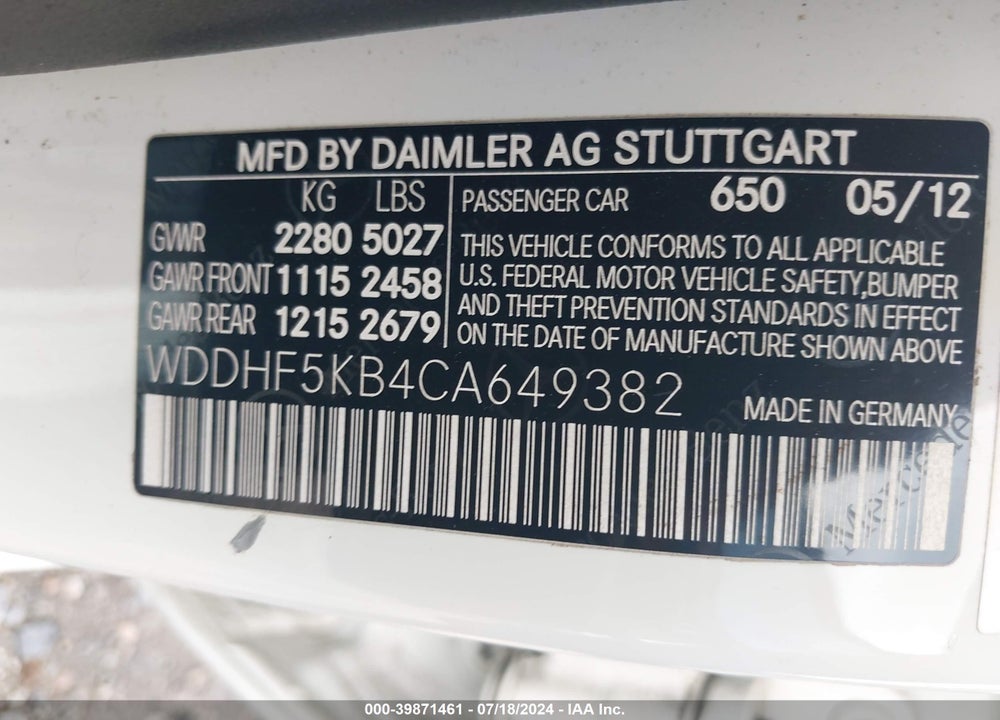 2012 MERCEDES-BENZ E 350 VIN: WDDHF5KB4CA649382