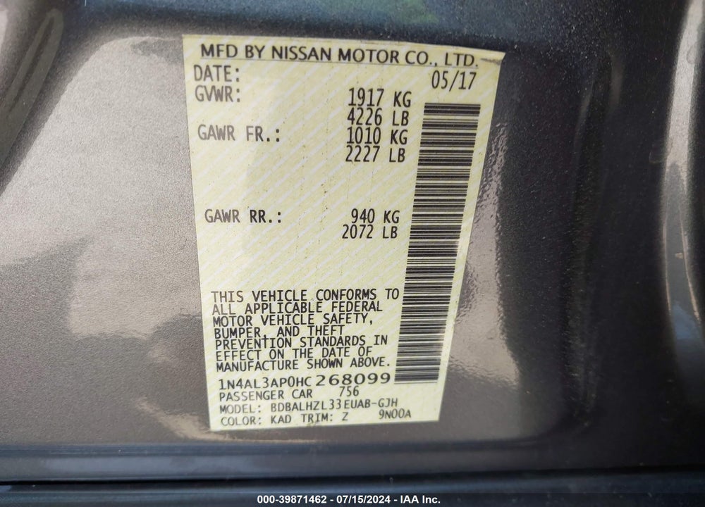2017 NISSAN ALTIMA 2.5 SR VIN: 1N4AL3AP0HC268099
