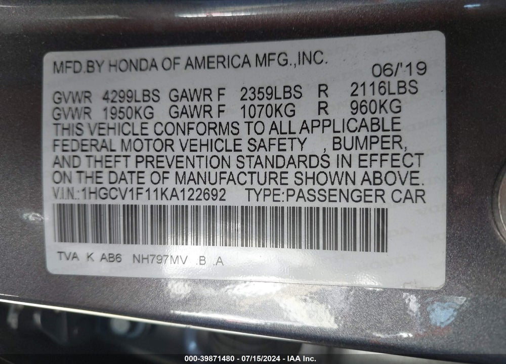 2019 HONDA ACCORD LX VIN: 1HGCV1F11KA122692