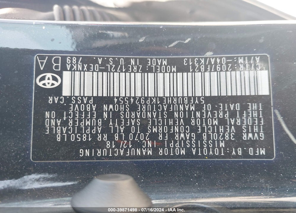 2019 TOYOTA COROLLA LE VIN: 5YFBURHE1KP924554