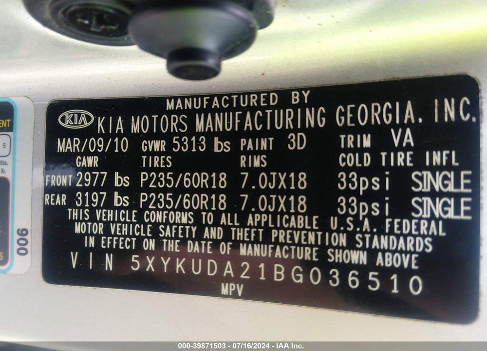 2011 KIA SORENTO EX V6 VIN: 5XYKUDA21BG036510
