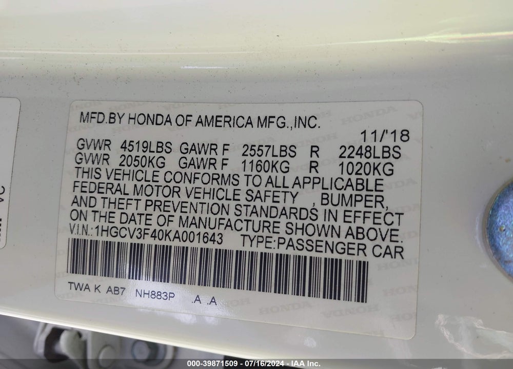 2019 HONDA ACCORD HYBRID EX VIN: 1HGCV3F40KA001643