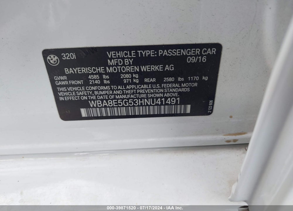 2017 BMW 320I XDRIVE VIN: WBA8E5G53HNU41491