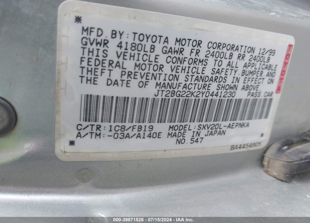 2000 TOYOTA CAMRY LE VIN: JT2BG22K2Y0441230