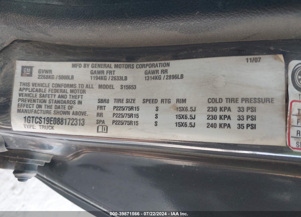 2008 GMC CANYON SLE1 VIN: 1GTCS19E088172313