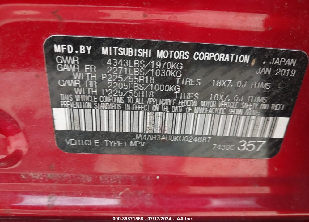 2019 MITSUBISHI OUTLANDER SPORT 2.0 LE VIN: JA4AR3AU8KU024887