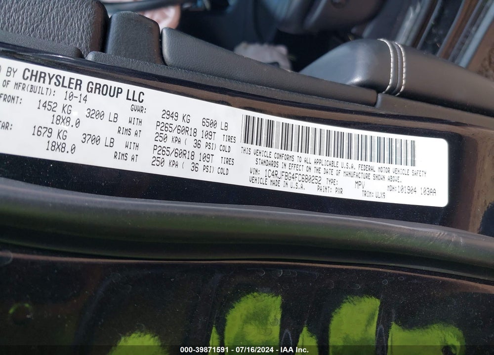 2015 JEEP GRAND CHEROKEE LIMITED VIN: 1C4RJFBG4FC680252