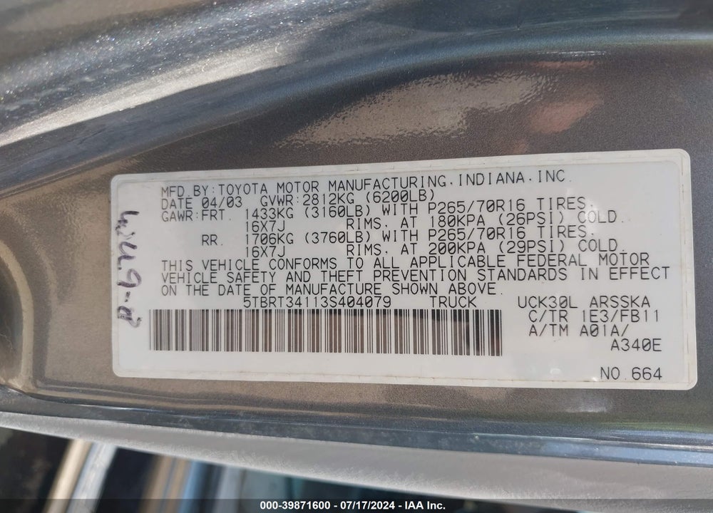 2003 TOYOTA TUNDRA SR5 V8 VIN: 5TBRT34113S404079