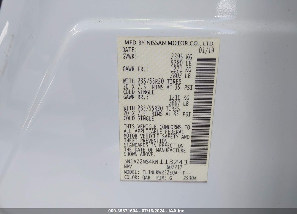 2019 NISSAN MURANO SL VIN: 5N1AZ2MS4KN113243
