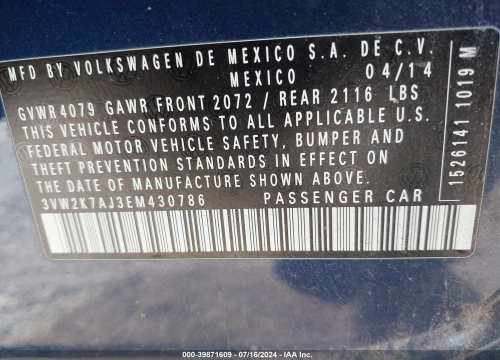 2014 VOLKSWAGEN JETTA 2.0L S VIN: 3VW2K7AJ3EM430786