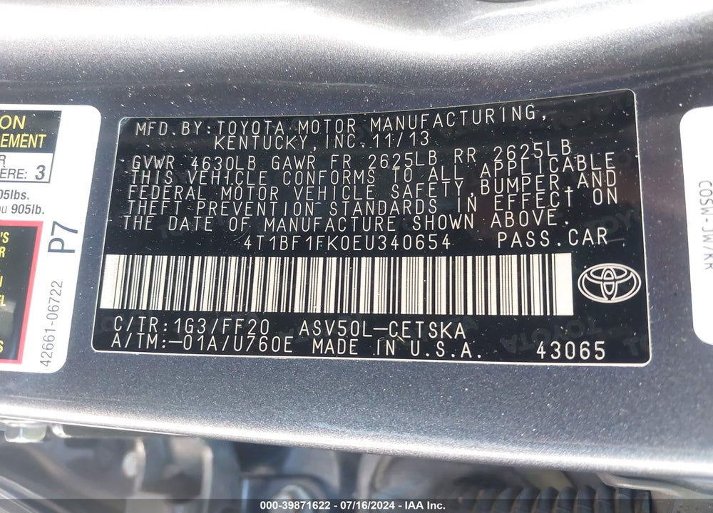 2014 TOYOTA CAMRY SE VIN: 4T1BF1FK0EU340654