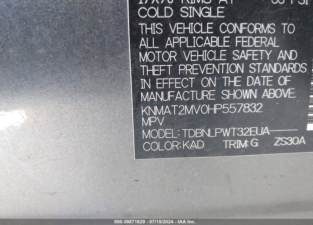 2017 NISSAN ROGUE S VIN: KNMAT2MV0HP557832