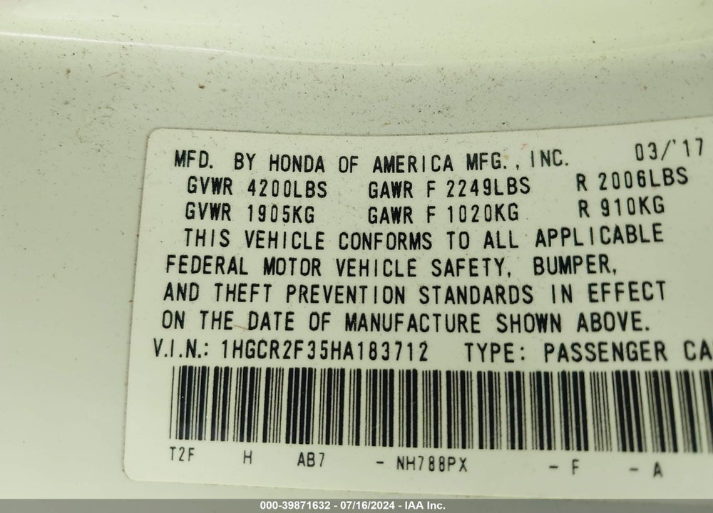2017 HONDA ACCORD LX VIN: 1HGCR2F35HA183712