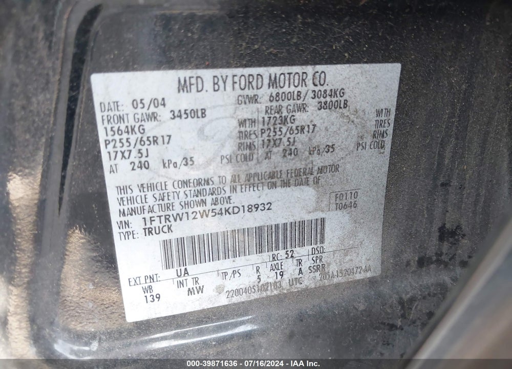 2004 FORD F-150 XLT VIN: 1FTRW12W54KD18932