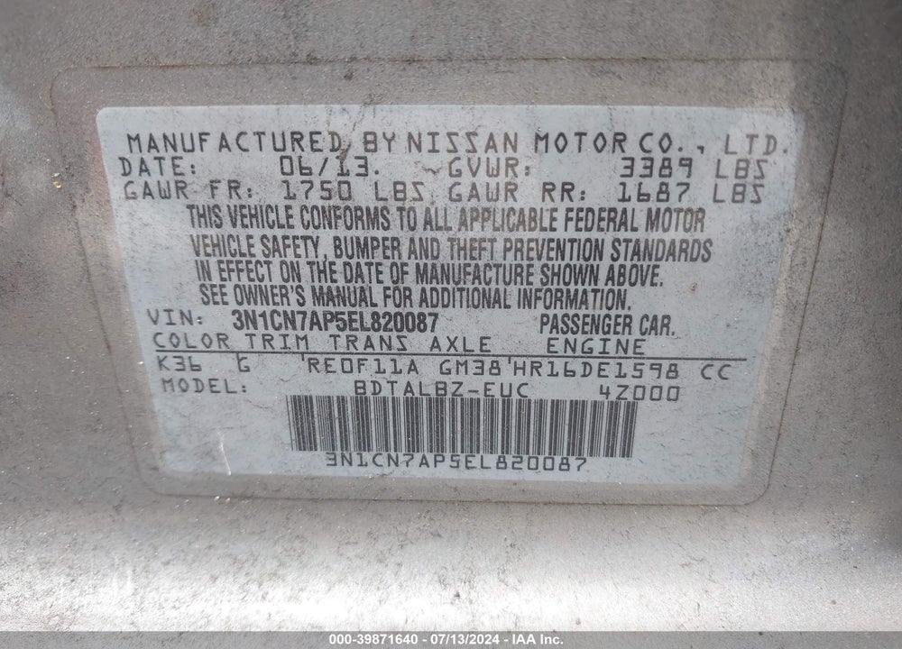 2014 NISSAN VERSA 1.6 SV VIN: 3N1CN7AP5EL820087