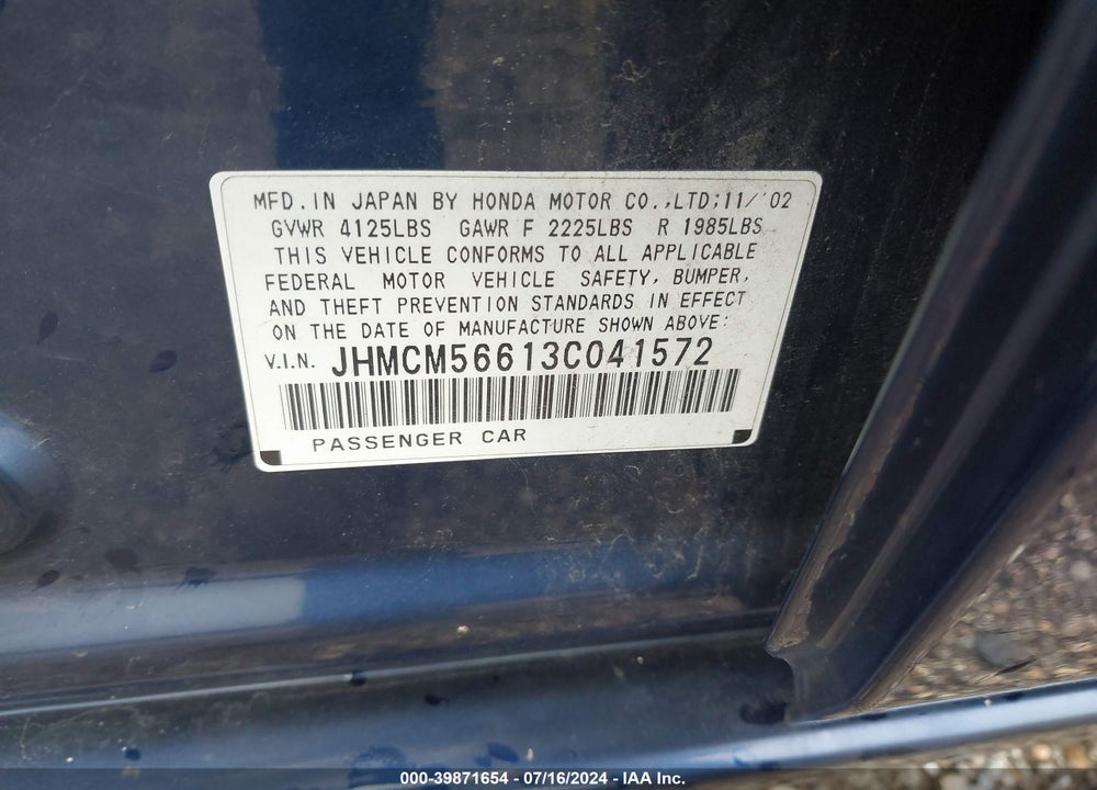 2003 HONDA ACCORD 2.4 EX VIN: JHMCM56613C041572