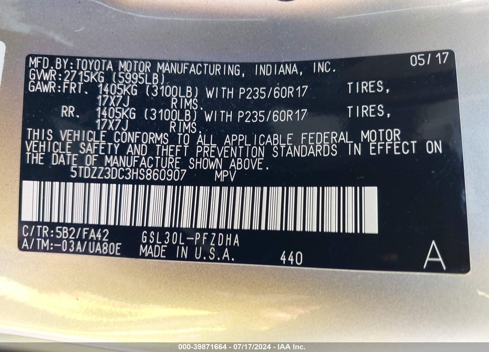 2017 TOYOTA SIENNA L 7 PASSENGER VIN: 5TDZZ3DC3HS860907