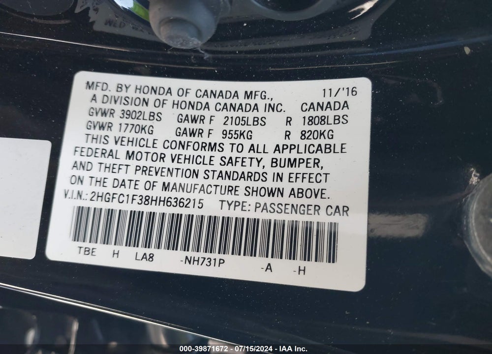 2017 HONDA CIVIC EX-T VIN: 2HGFC1F38HH636215