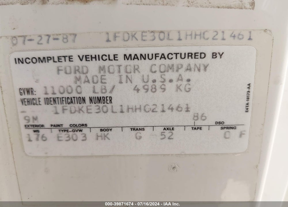 1987 FORD ECONOLINE E350 CUTAWAY VAN VIN: 1FDKE30L1HHC21461