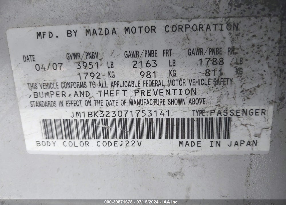 2007 MAZDA 3 S SPORT VIN: JM1BK323071753141