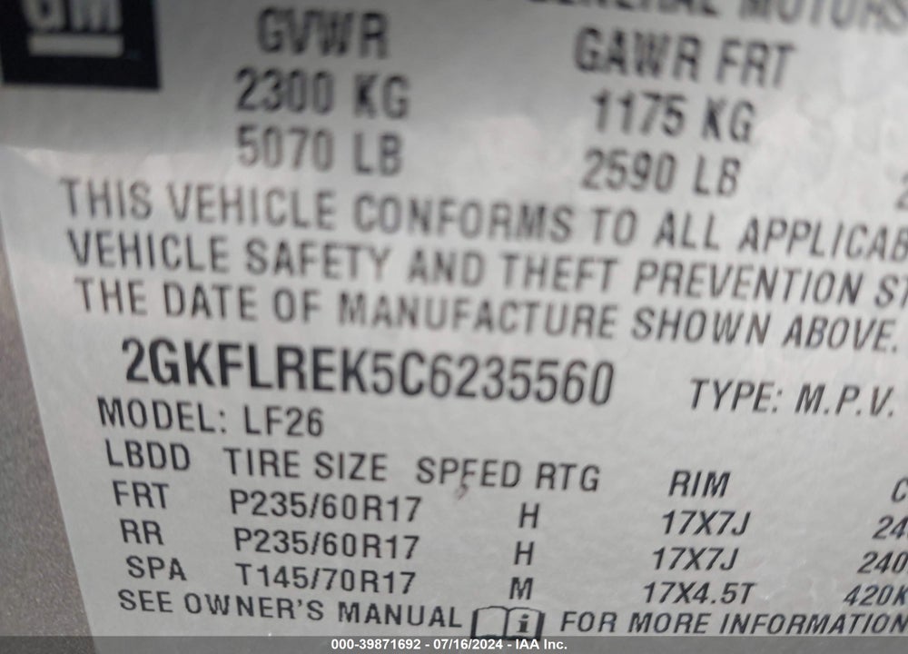 2012 GMC TERRAIN SLE-1 VIN: 2GKFLREK5C6235560