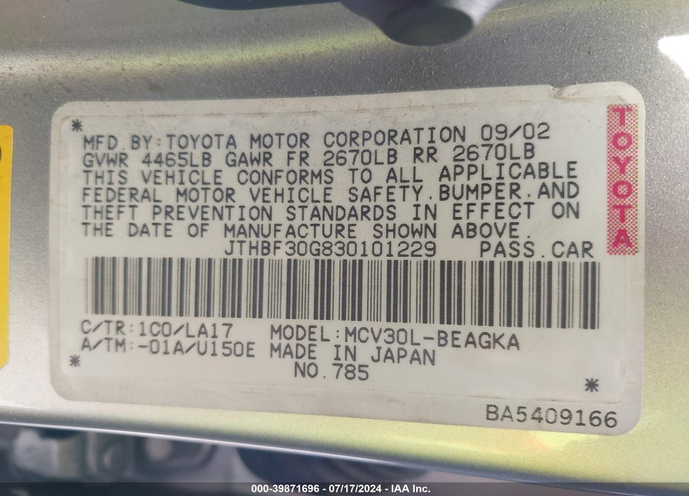 2003 LEXUS ES 300 VIN: JTHBF30G830101229