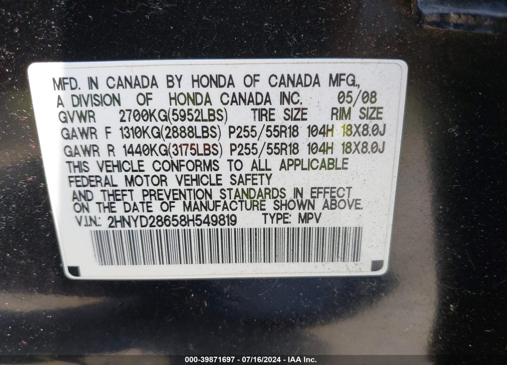 2008 ACURA MDX TECHNOLOGY PACKAGE VIN: 2HNYD28658H549819