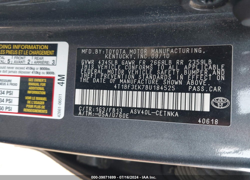 2011 TOYOTA CAMRY VIN: 4T1BF3EK7BU184525