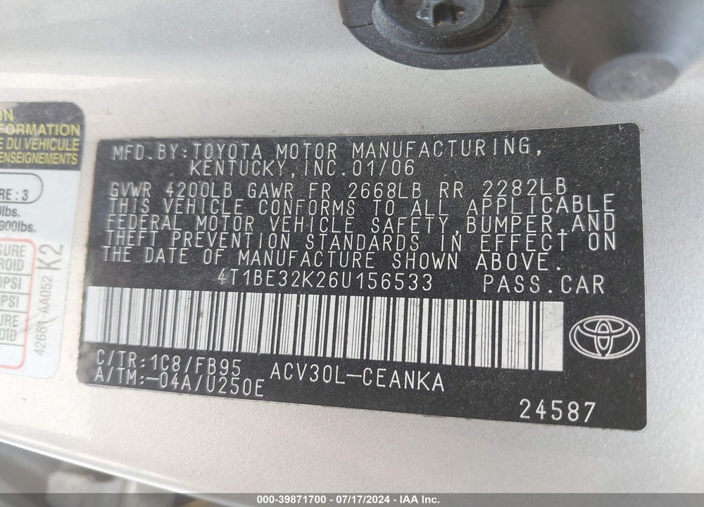 2006 TOYOTA CAMRY LE VIN: 4T1BE32K26U156533