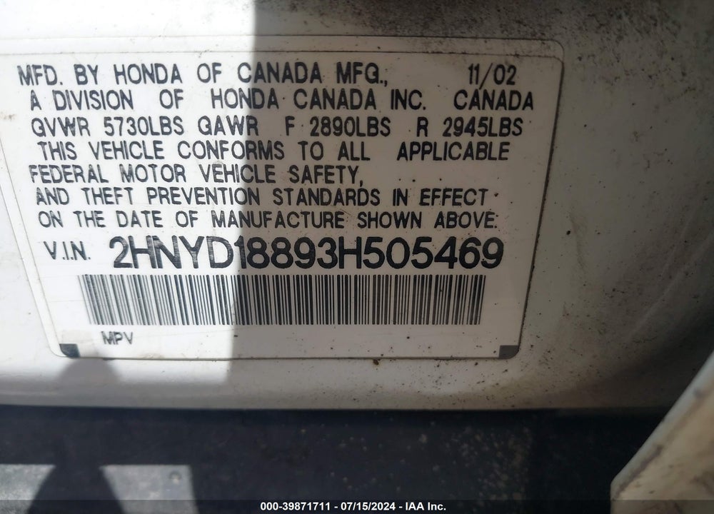 2003 ACURA MDX VIN: 2HNYD18893H505469