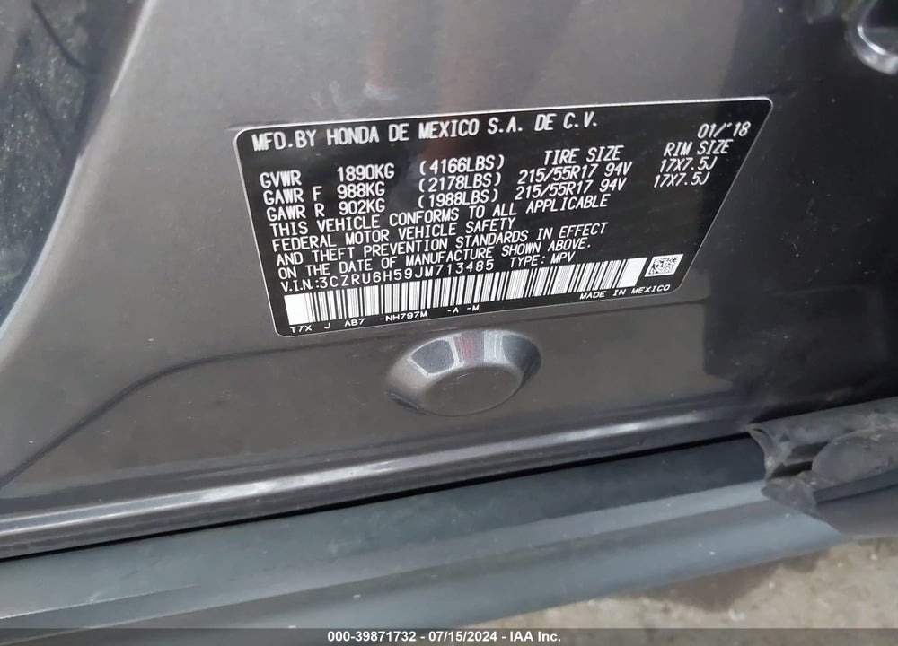 2018 HONDA HR-V EX VIN: 3CZRU6H59JM713485