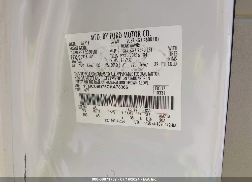 2012 FORD ESCAPE XLT VIN: 1FMCU9D75CKA78386