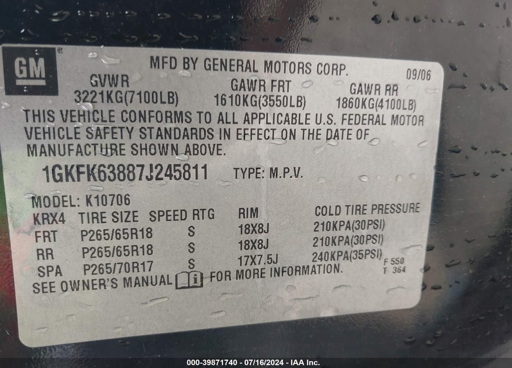 2007 GMC YUKON DENALI VIN: 1GKFK63887J245811