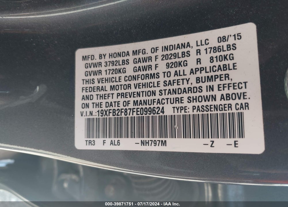 2015 HONDA CIVIC EX VIN: 19XFB2F87FE099624
