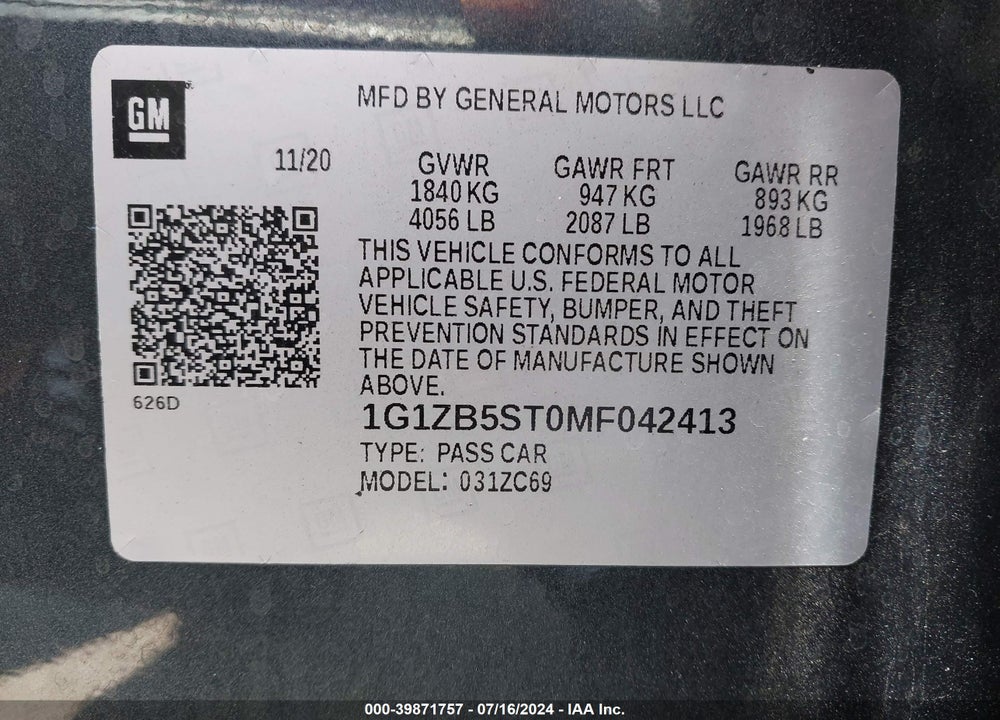 2021 CHEVROLET MALIBU FWD LS VIN: 1G1ZB5ST0MF042413