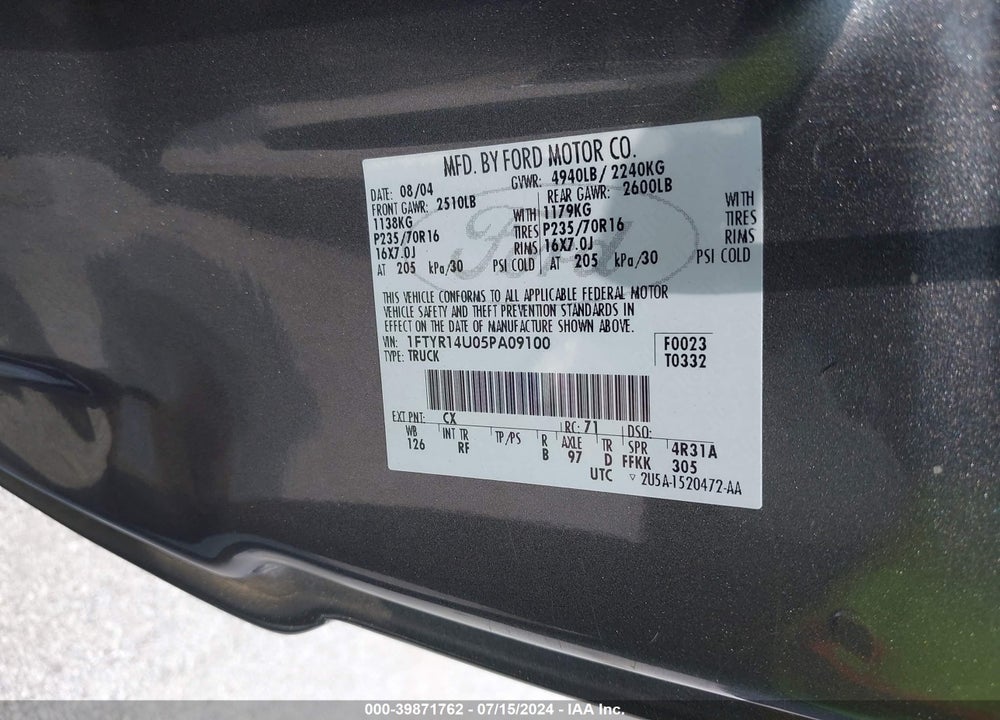 2005 FORD RANGER EDGE/STX/XL/XLT VIN: 1FTYR14U05PA09100