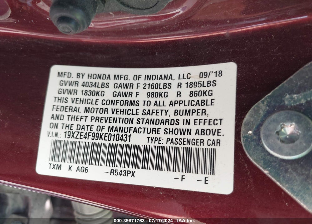 2019 HONDA INSIGHT TOURING VIN: 19XZE4F99KE010431