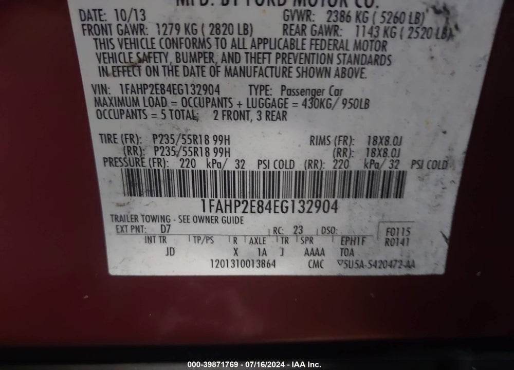 2014 FORD TAURUS SEL VIN: 1FAHP2E84EG132904