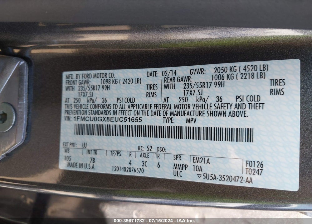 2014 FORD ESCAPE SE VIN: 1FMCU0GX8EUC51655