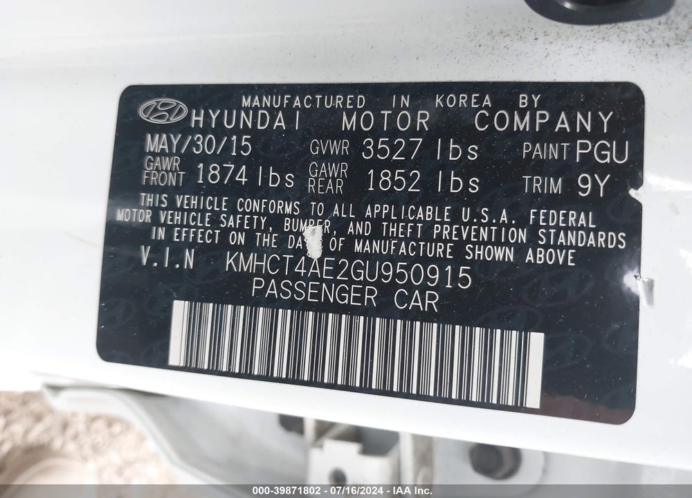 2016 HYUNDAI ACCENT SE VIN: KMHCT4AE2GU950915