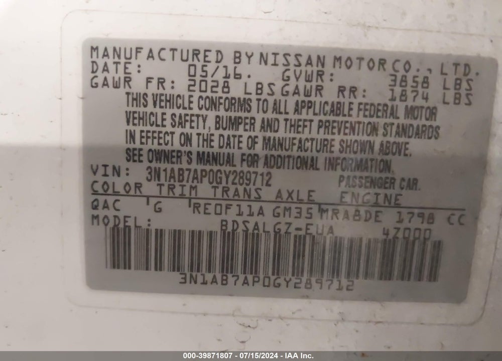 2016 NISSAN SENTRA SL VIN: 3N1AB7AP0GY289712