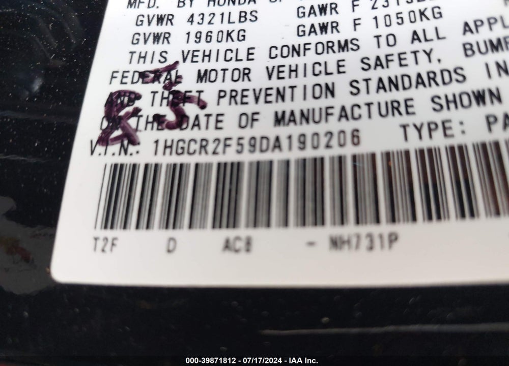 2013 HONDA ACCORD SPORT VIN: 1HGCR2F59DA190206
