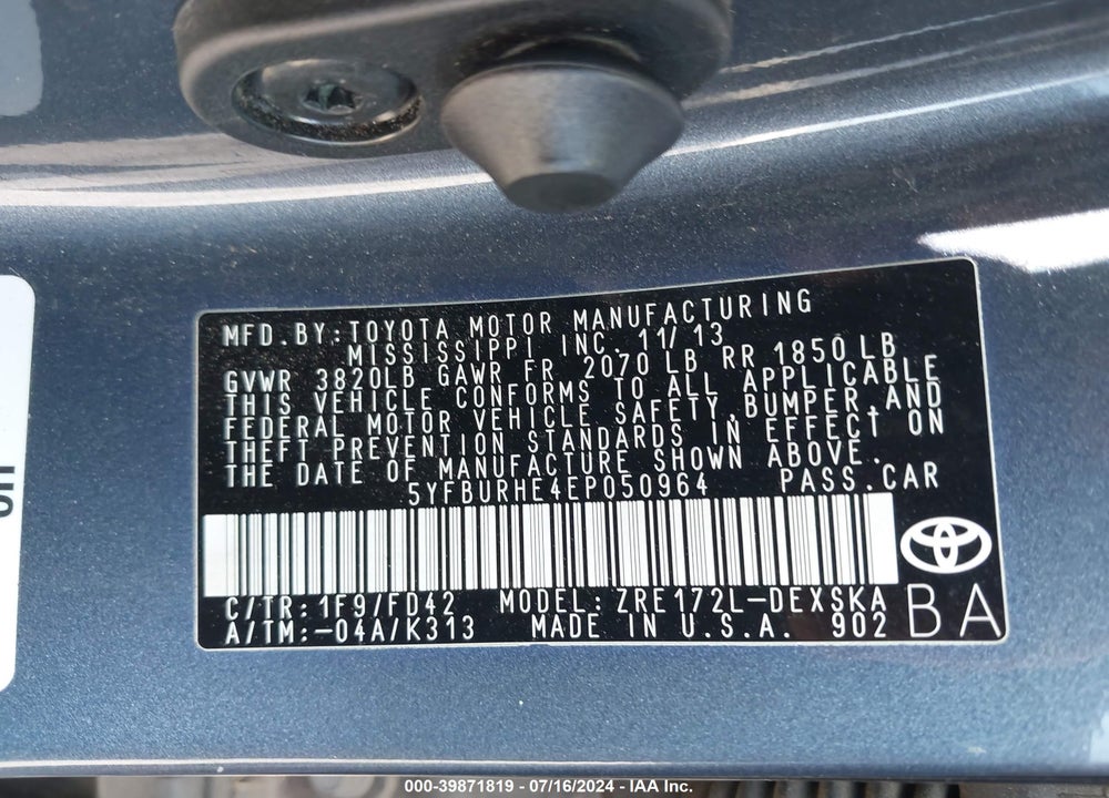 2014 TOYOTA COROLLA S PLUS VIN: 5YFBURHE4EP050964